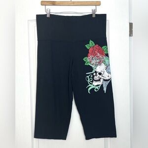 Y2K Miami Ink Women’s Cropped Lounge Pants Sz L Skull Rose Tattoo Graphic Grunge